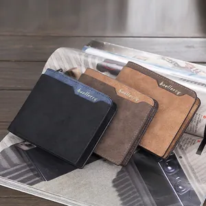 Men's minimalist frosted leather bi-fold wallets in black, dark brown, and light brown