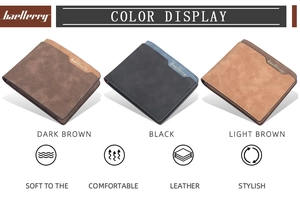 Three men's slim leather wallets in dark brown, black, and light brown color options