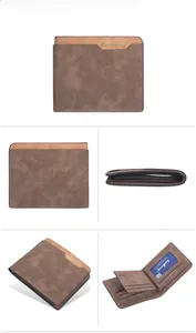 Detailed views of the slim men's bi-fold wallet in dark brown soft synthetic leather