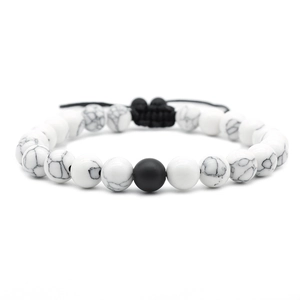 Adjustable 8mm white pine and black tiger eye beaded bracelet with woven cord