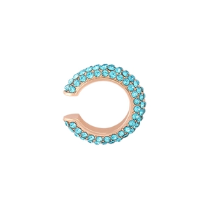 Macro view of C-shape rose gold ear cuff with pavé-set light blue crystals for non-pierced ears