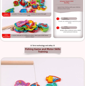 Detail of 15 colorful wooden magnetic sea creatures and a fishing rod set for kids