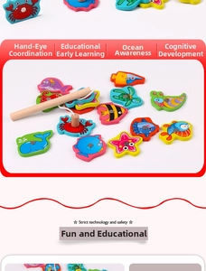 Close-up of wooden magnetic fishing toy set with colorful sea animals and fishing rod