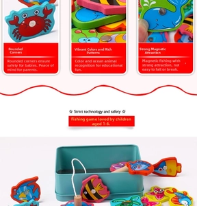 Detail of magnetic wooden sea animal toys with fishing rod in a blue tin box