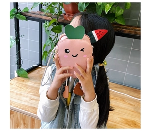 Pink carrot-shaped children shoulder bag with white rope strap and cute fruit patches