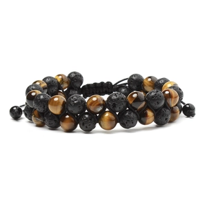 Adjustable double-layered woven bracelet featuring tiger eye and black volcanic lava beads