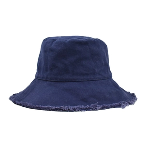 Deep blue washed cotton bucket hat with distressed frayed edges and sun protection