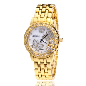 Golden ladies quartz watch with shell dial and sparkling butterfly crystal accents