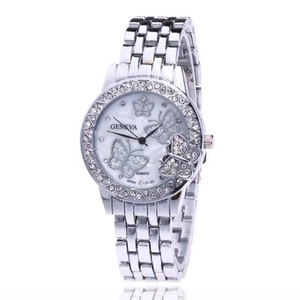 Women's silver steel watch with shell dial, butterfly rhinestones, and crystal bezel