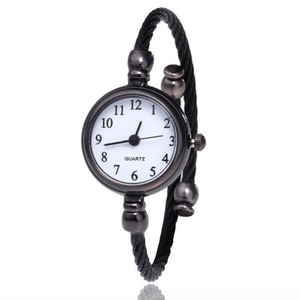 Women's vintage quartz watch with black twisted cable bracelet and white round dial