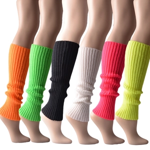 Colorful knit leg warmers for women in neon orange, green, pink, and white ribbed style