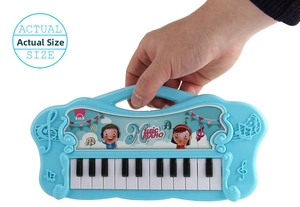 Actual size close-up of a blue kids musical piano toy with 13 keys and easy-to-grip handle
