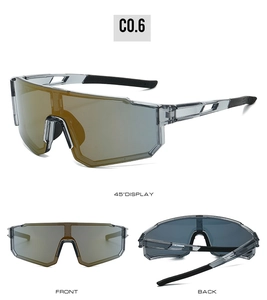 Three-view layout of outdoor cycling sunglasses in translucent gray with wrap-around lens