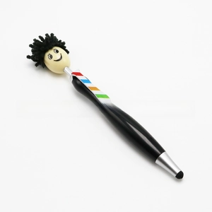 Detail of creative cartoon ballpoint pen featuring rainbow tie clip and fuzzy hair top