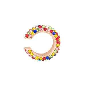 Fashionable C-shaped rose gold ear cuff with colorful rhinestones on white background
