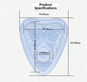 Detailed size specification for heart butterfly resin mold showing 70mm by 85mm dimensions