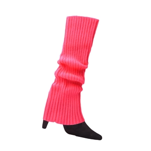 Close-up of fluorescent pink ribbed knit leg warmers with black pointed high heels