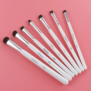 Detailed set of 7 eye makeup brushes with white handles and professional horse hair bristles