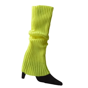 Close-up of neon yellow ribbed knit leg warmers paired with black pointed stiletto heels