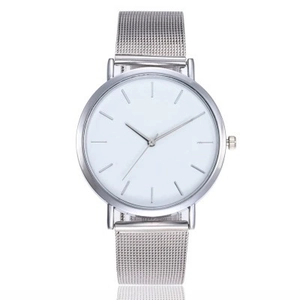 Minimalist silver quartz watch with a white dial and mesh strap on a white background