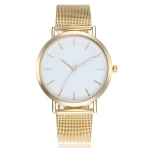 Minimalist ultra-thin gold mesh band watch with white dial and simple bar markers
