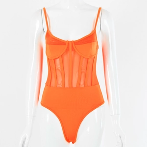 Detail view of orange mesh bodysuit with corset style and spaghetti straps on mannequin