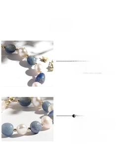Detailed macro view of natural blue aventurine beads and pearls with thick gold plating