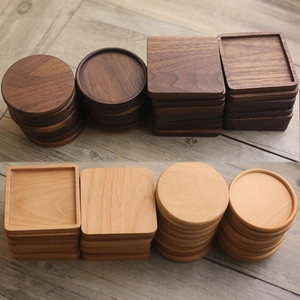 Solid Wood Coasters Beech Black Walnut Ebony Heat Resistant Cup Mats Round Square Grooved For Coffee Tea Mug