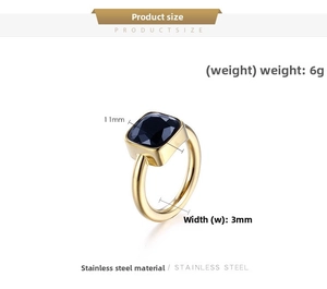 Detail of 11mm square black stone ring in gold stainless steel with 6g weight