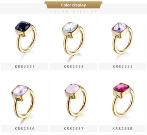 Six color variants of square zircon titanium steel rings with gold polished finish
