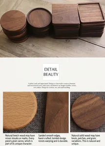 Macro detail of natural solid wood texture and rounded edges on round tea coasters