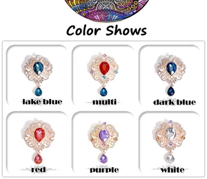 Detailed grid view of baroque drop crystal scarf clips and brooches in various colors