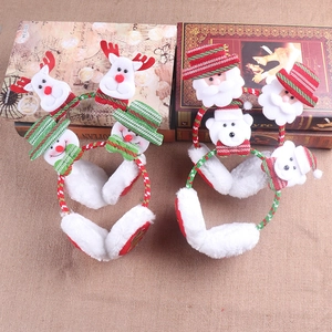 Detail of plush Christmas earmuffs featuring snowman and Santa Claus festive designs
