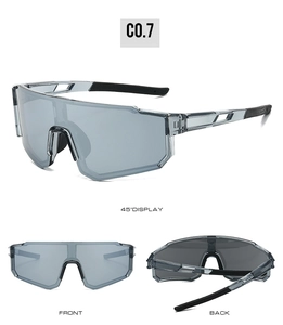 Three-angle views of grey translucent cycling sunglasses with dark grey protective lenses