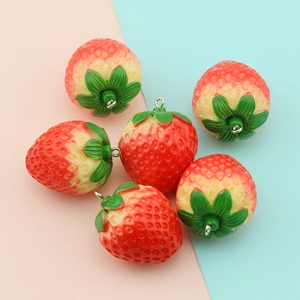 Set of six realistic red resin strawberry charms with metal rings for DIY jewelry making