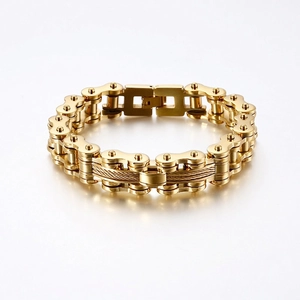 Men Motorcycle Chain Bracelet Stainless Steel Heavy Industrial Punk Rock Biker Jewelry Bangle With Wire Rope Detail