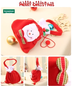 Close-up detail of festive red Christmas candy bag featuring 3D snowman and striped bow