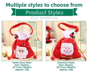 Detailed view of Christmas gift bags featuring Santa and Snowman designs with dimensions.