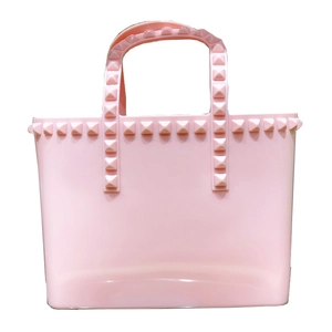 Pink jelly tote bag with gold pyramid studs and large capacity waterproof PVC material