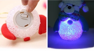 Detail of LED Christmas bear ornament showing power switch and colorful light-up effect