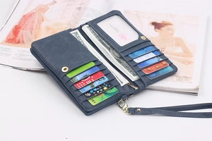 Internal layout of blue long wallet showing eleven card slots and zipper pocket with strap