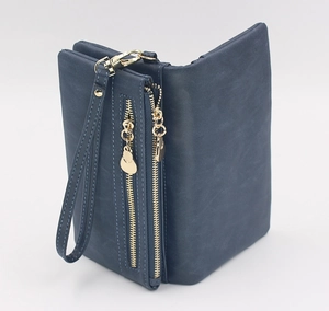 Detail of blue long wallet featuring dual gold zippers and a detachable wrist strap