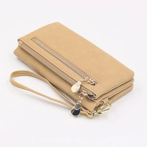 Portafoglio lungo in pelle PU beige con doppia cerniera e cinturino da polso staccabile