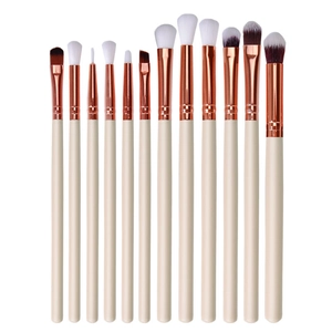 12-piece rose gold makeup brush set with beige handles and soft synthetic bristles