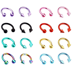 Set of 16 stainless steel horseshoe nose rings with ball and cone ends in 8 various colors