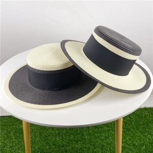 British style flat top boater straw hats in contrast black and white woven colors