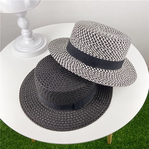 Breathable flat top straw hats with wide black ribbon bands for summer sun protection