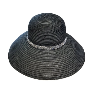 Elegant black wide brim straw hat for women with sparkling silver rhinestone band
