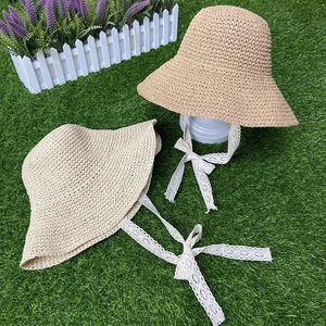 Women Kids Straw Sun Hat Wide Brim Woven Bucket Hat With Lace Ribbon Bow Beach Foldable Vintage Fisherman Cap