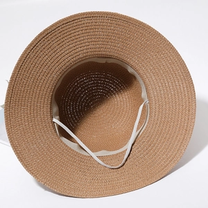 Women's summer straw sun hat with wide brim, bow accent and windproof rope in brown